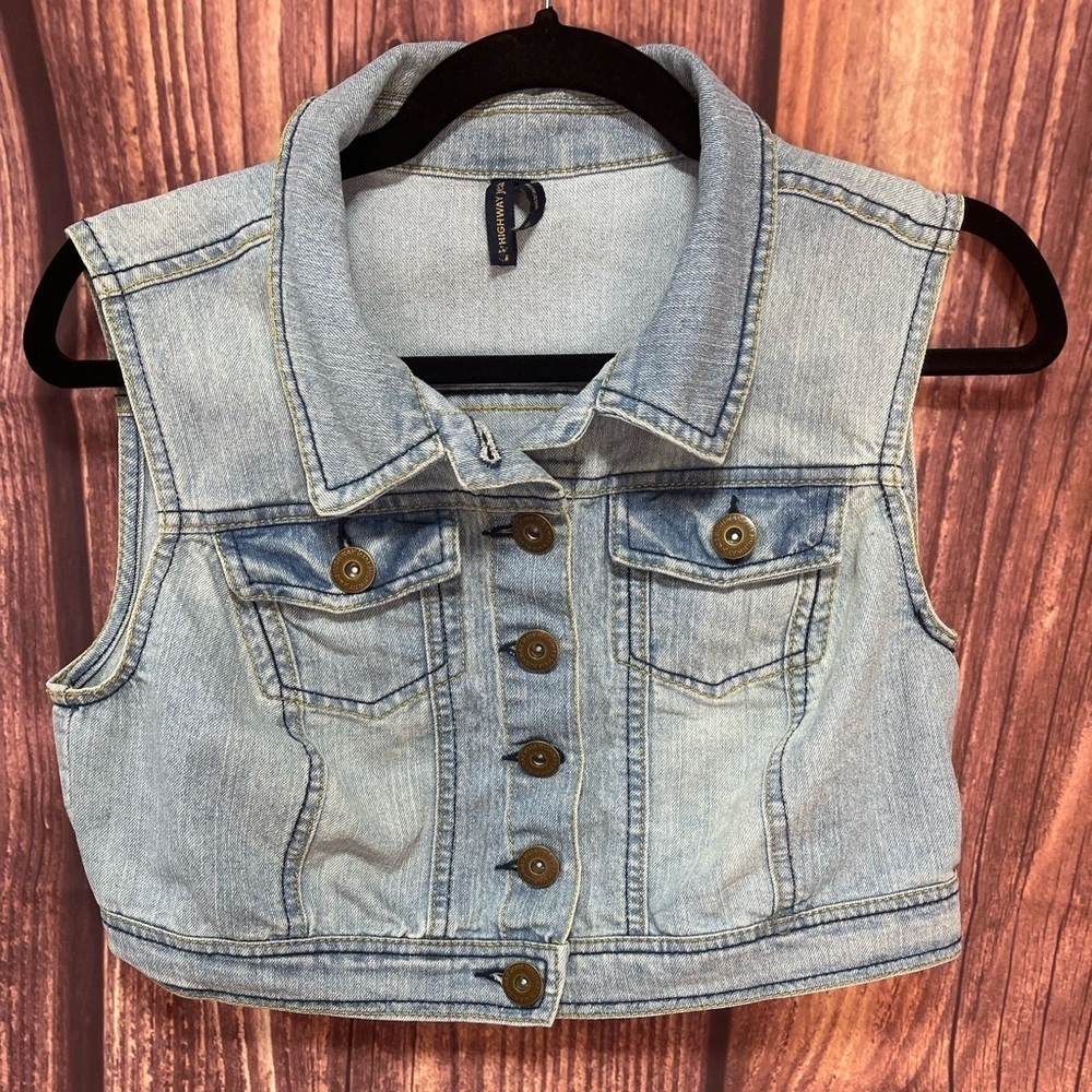 Highway jeans sleeveless cropped stretch blue denim jean vest women’s size M